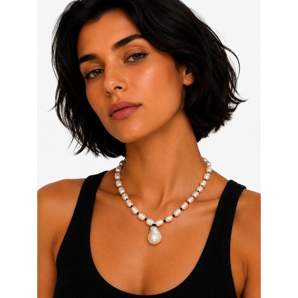 Faux Pearl Necklace Baroque Pendant White Knotted Strand Adjustable Statement